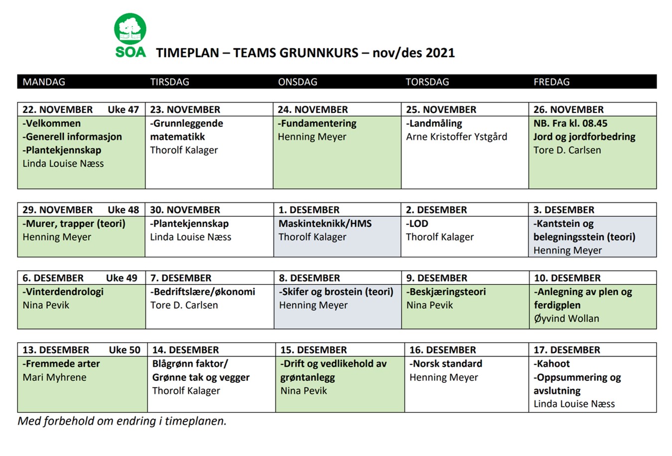 Gunnkurs timeplan